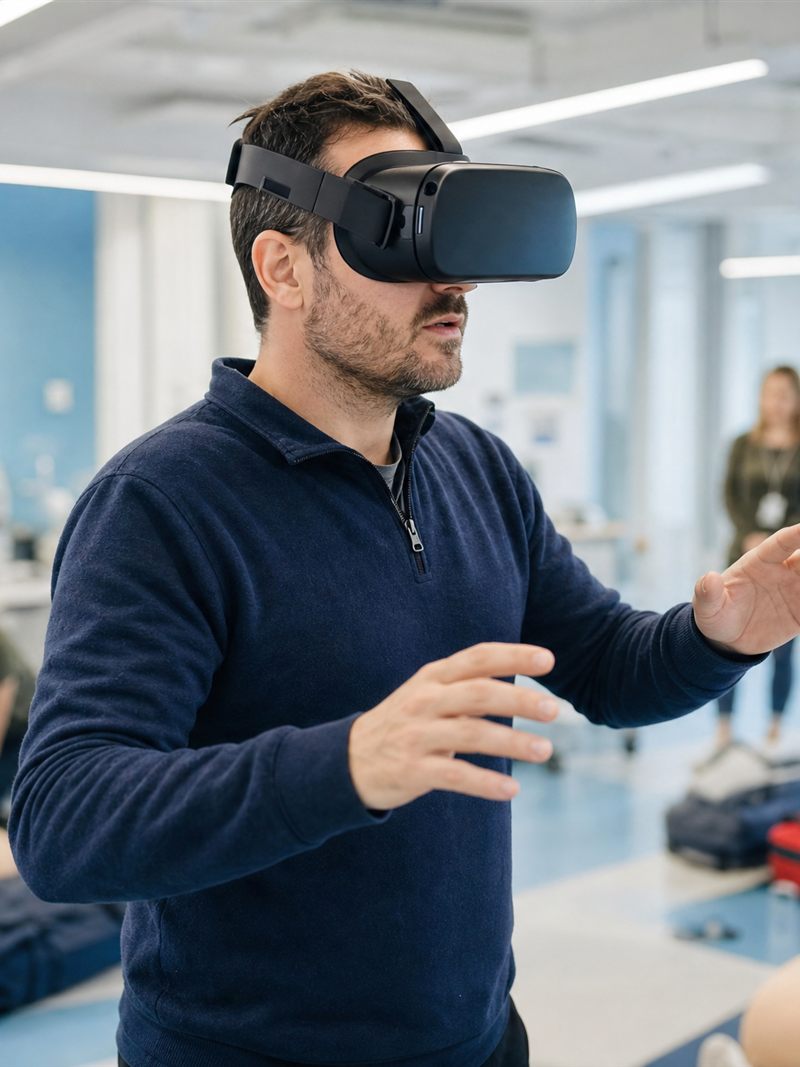 Uczestnik szkolenia w goglach VR podczas symulacji pierwszej pomocy