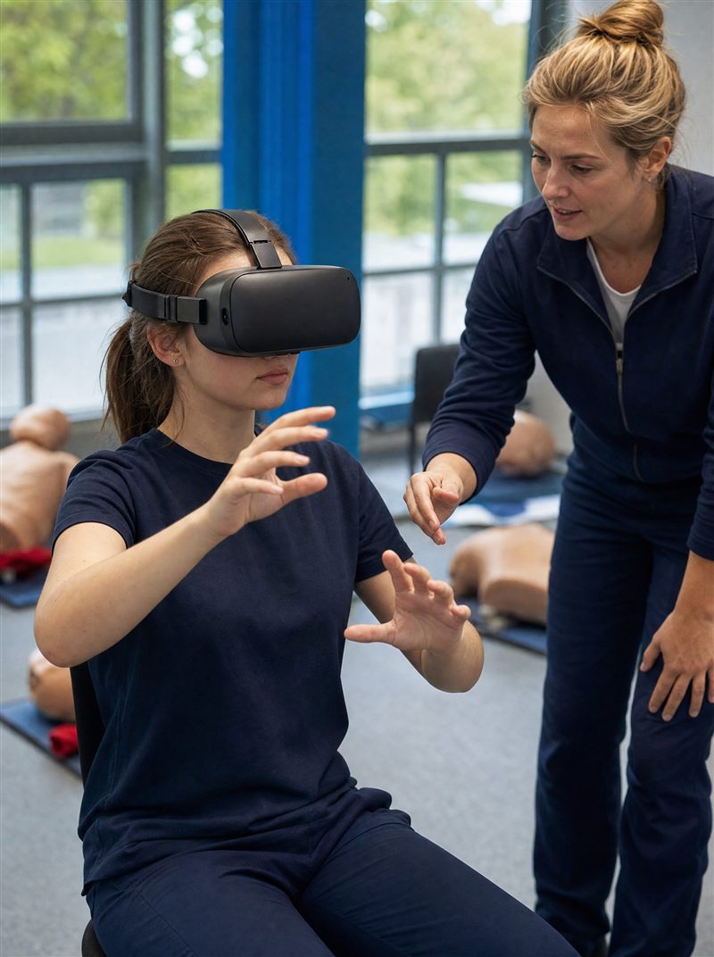 Kursantka w goglach VR z instruktorka podczas symulacji pierwszej pomocy