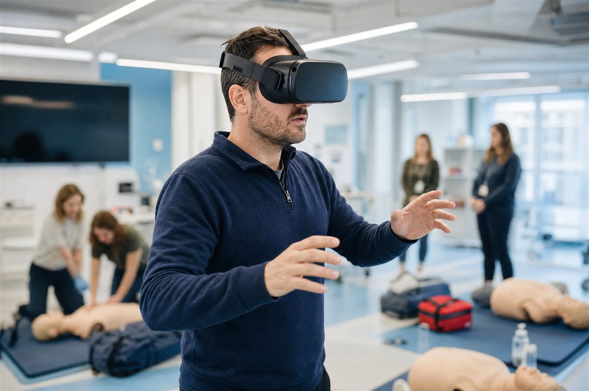 Uczestnik szkolenia w goglach VR podczas symulacji pierwszej pomocy
