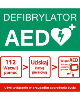 Tablica informacyjna AED – schemat postępowania 30×30 cm