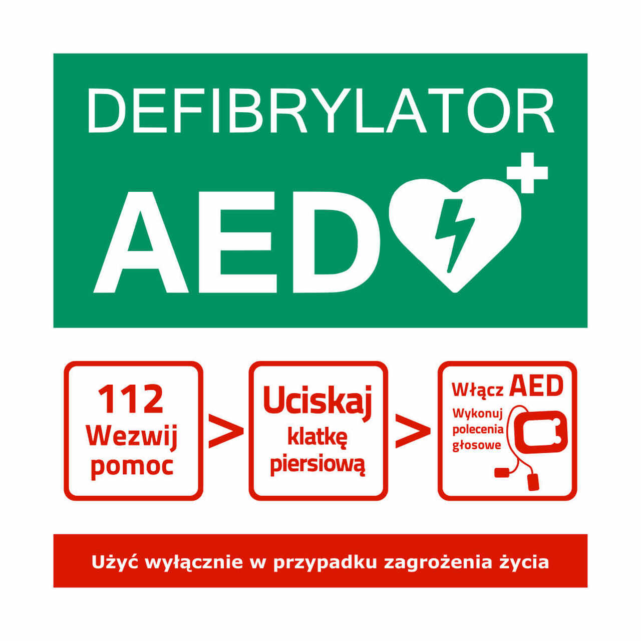 Tablica informacyjna AED – schemat postępowania 30×30 cm