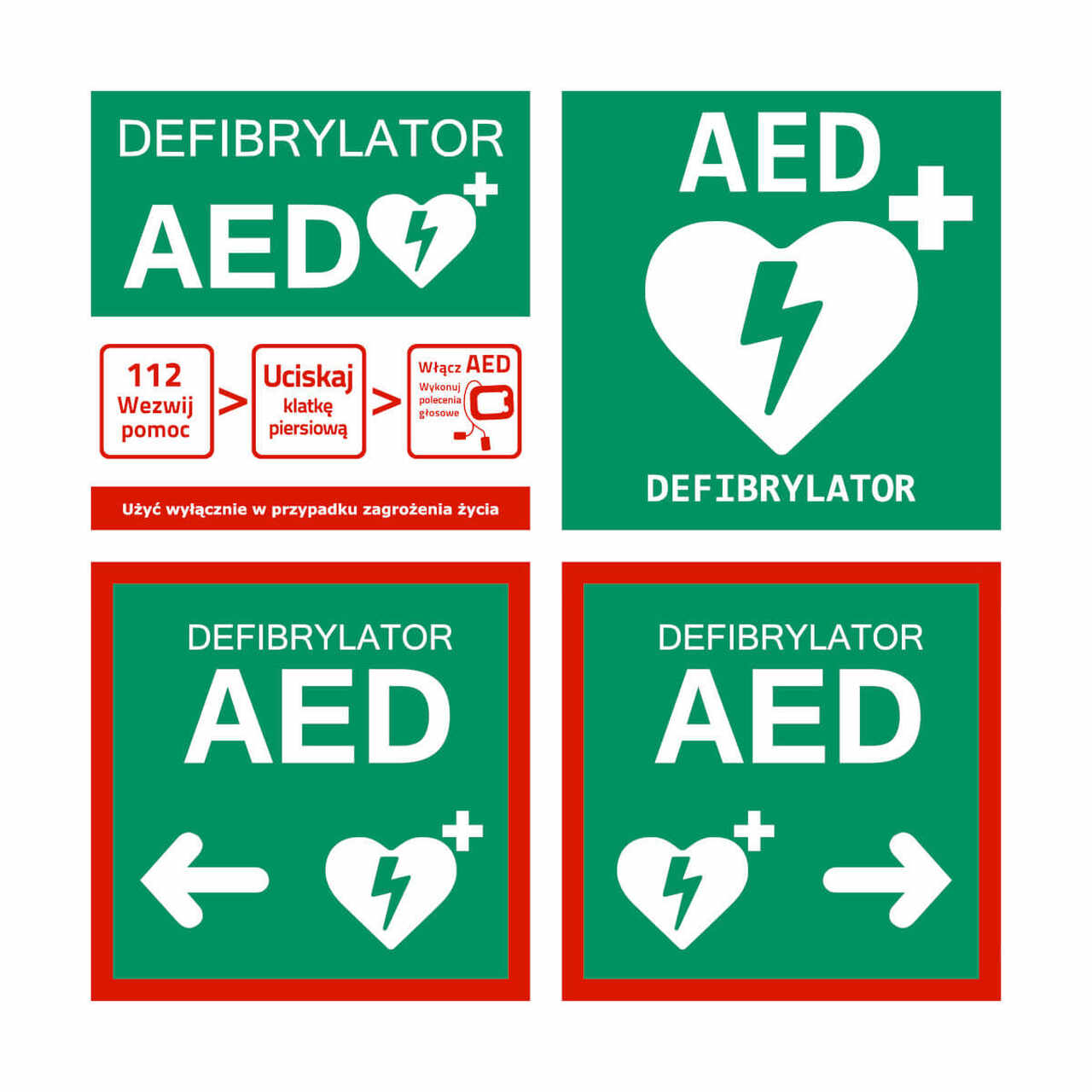 Zestaw tablic informacyjnych AED – 4 sztuki