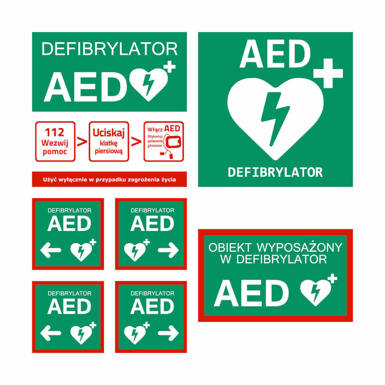 Zestaw tablic informacyjnych AED – 7 sztuk