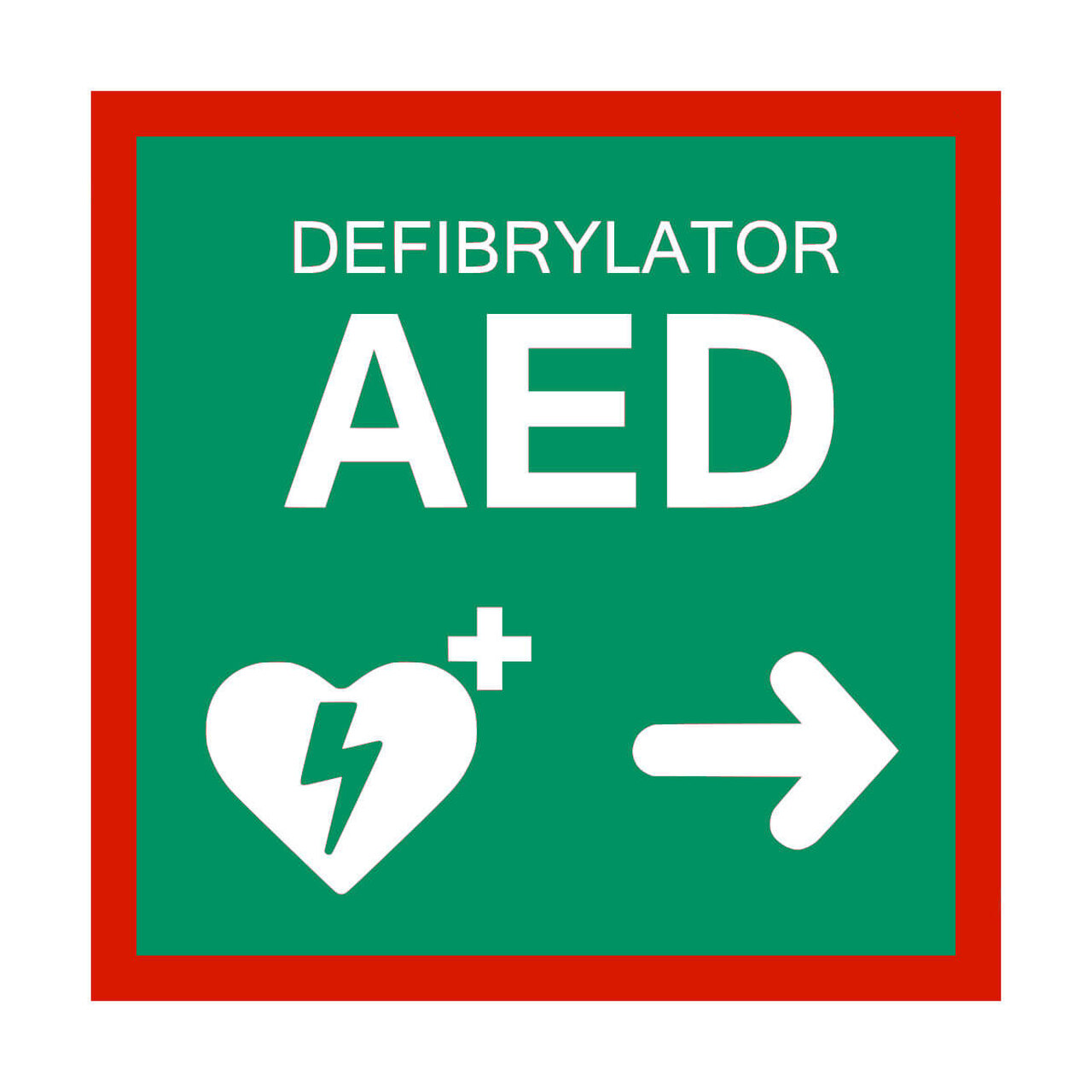 Tablica kierunkowa AED w prawo – 20 x 20 cm
