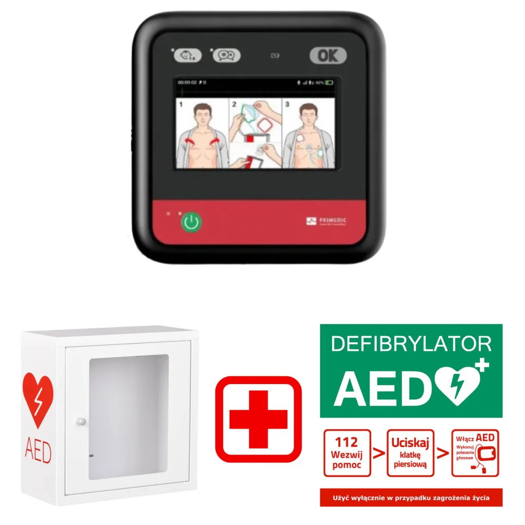 Zestaw AED Primedic myPAD Automatic LCD+ Szafka wewnętrzna + Tablica Postępowania