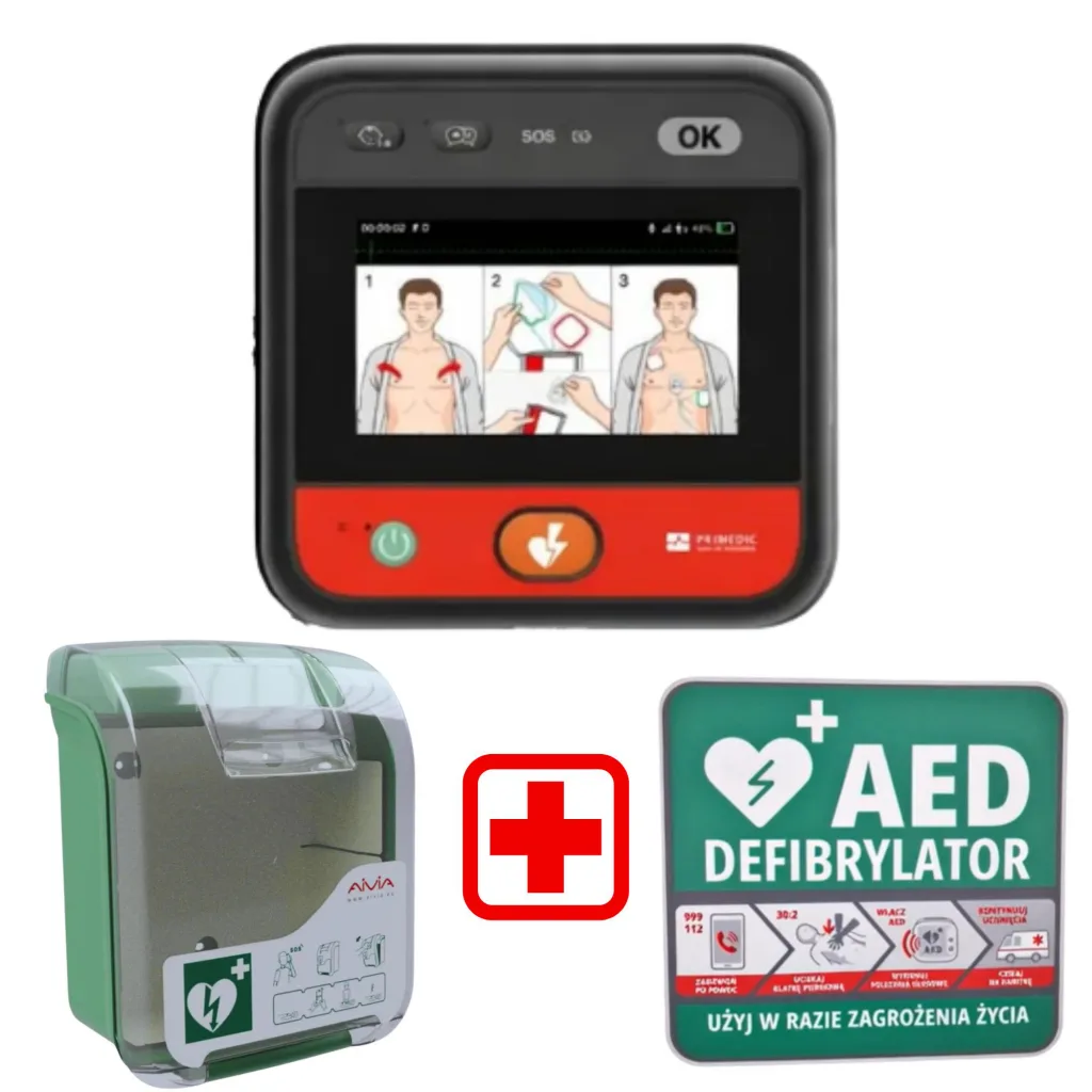 Zestaw AED Primedic myPAD LCD + Szafka AIVIA V3 + Tablica postępowania