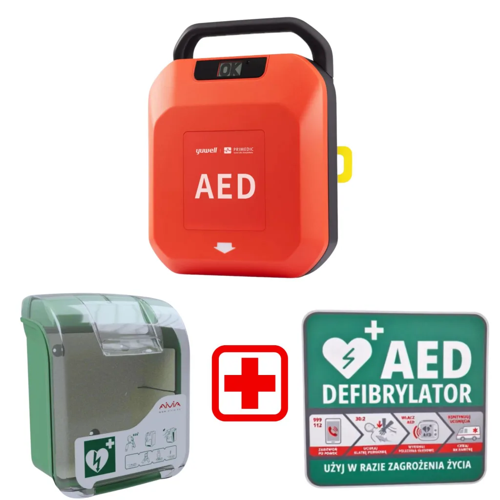 Zestaw AED Primedic HeartSave Y półautomatyczny + Szafka AIVIA V3 + Tablica postępowania