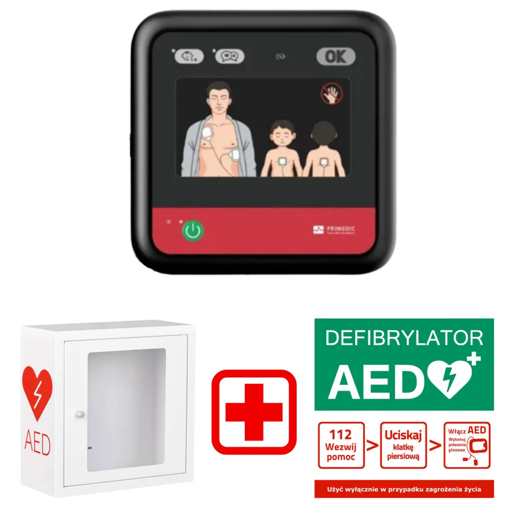 Zestaw AED Primedic myPAD Automatic LED + Szafka wewnętrzna + Tablica Postępowania
