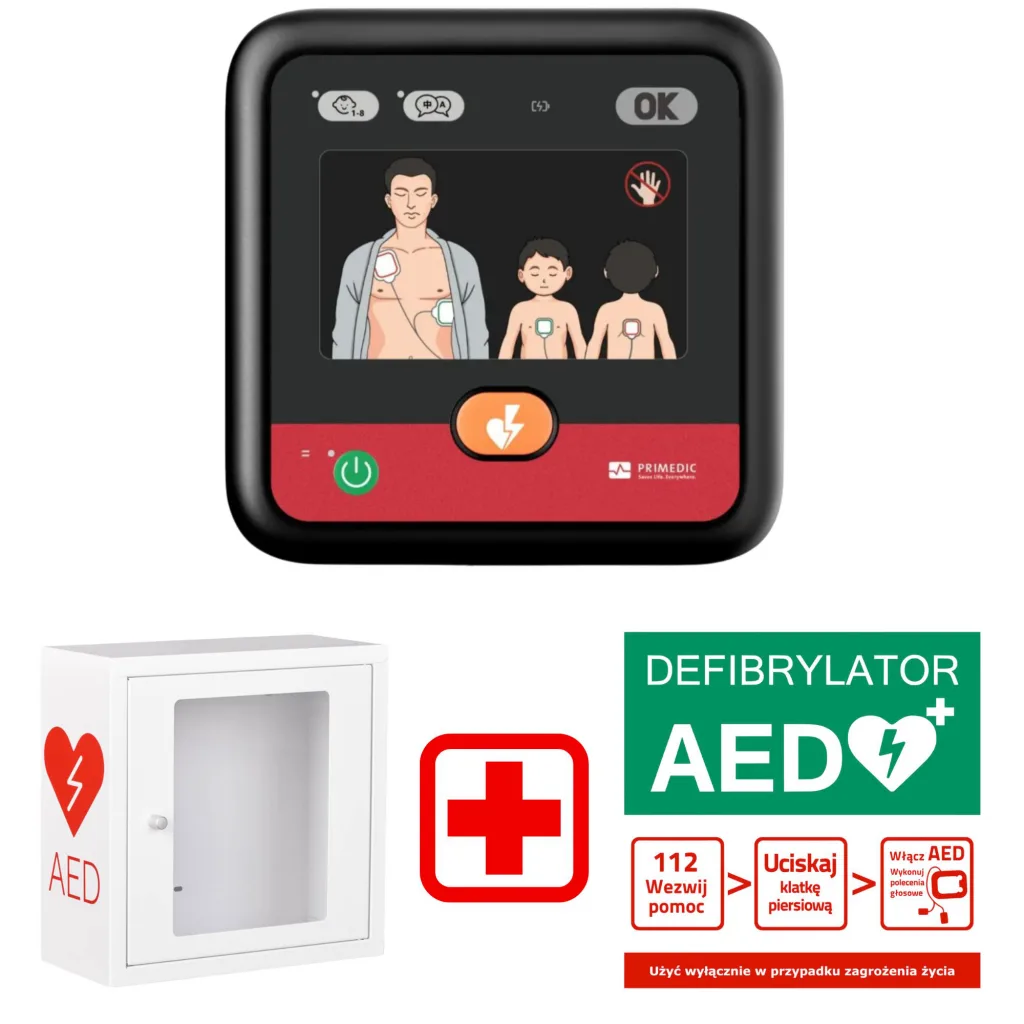 Zestaw AED Primedic myPAD LED + Szafka wewnętrzna + Tablica Postępowania