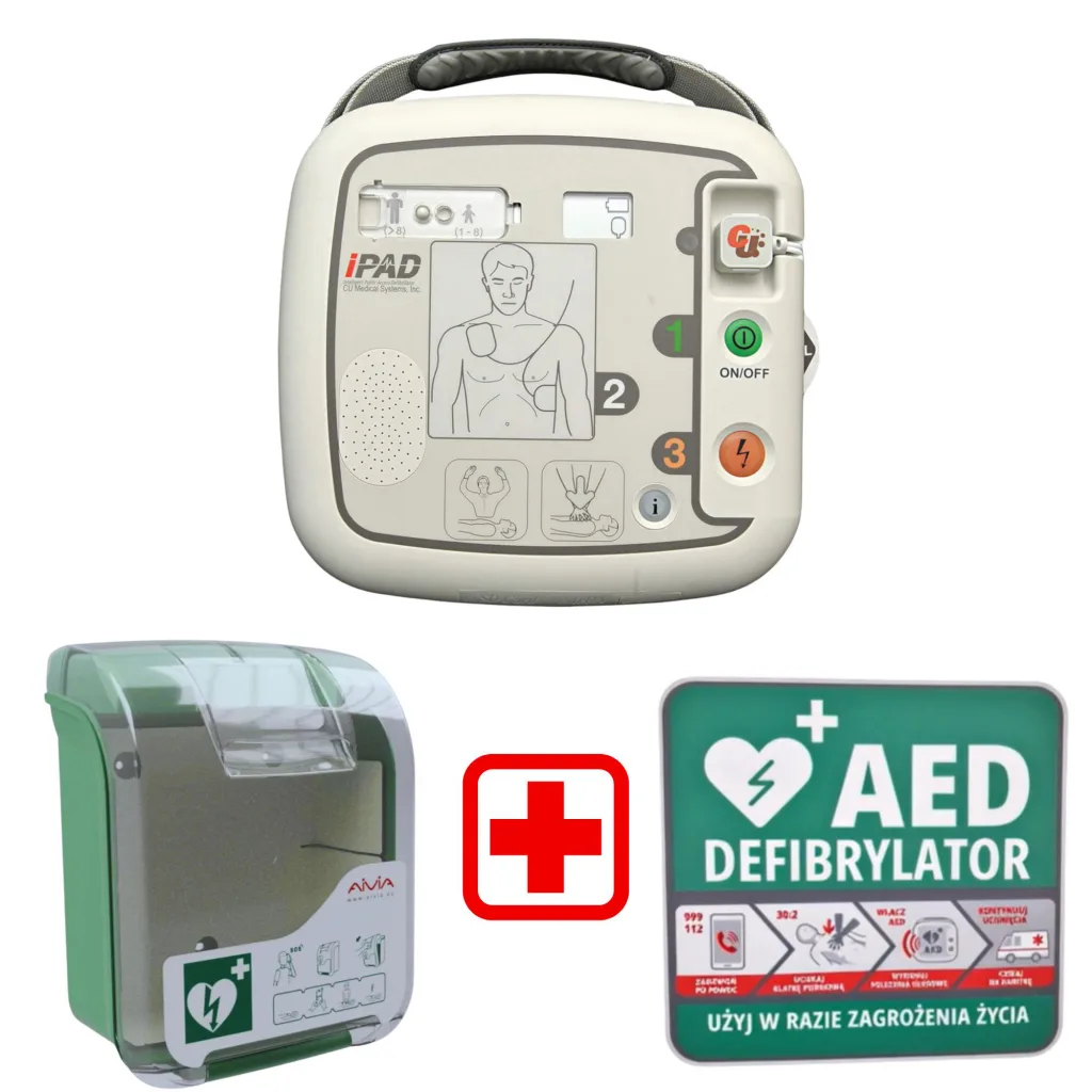 Zestaw AED iPAD CU-SP1 półautomatyczny + Szafka AIVIA V3 + Tablica postępowania