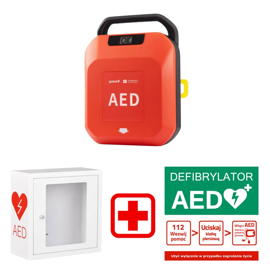Zestaw AED Primedic HeartSave Y półautomatyczny + Szafka wewnętrzna + Tablica Postępowania