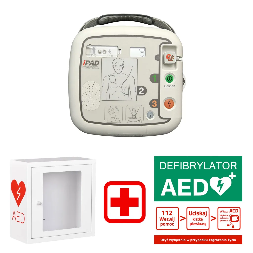 Zestaw AED iPAD CU-SP1 półautomatyczny + Szafka wewnętrzna + Tablica postępowania
