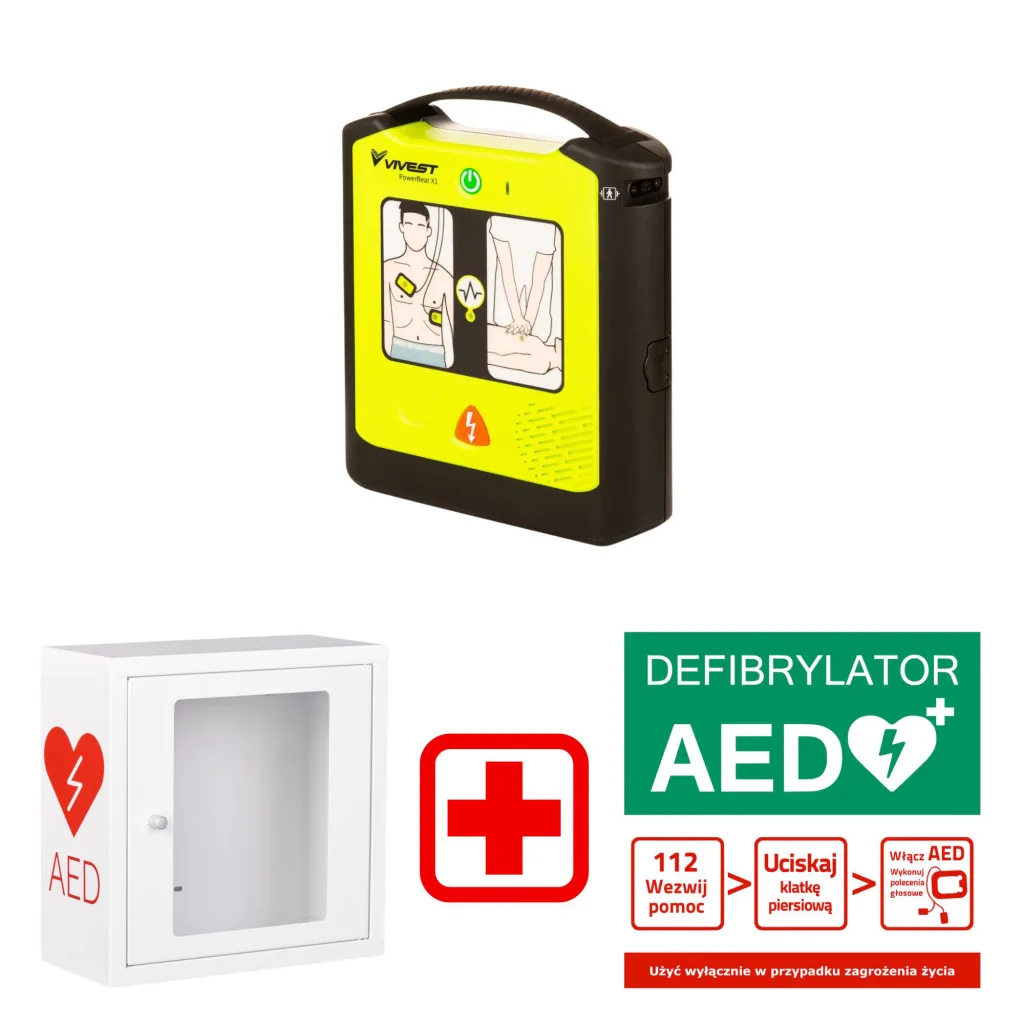 Zestaw AED AED Vivest PowerBeat X1+ Szafka wewnętrzna + Tablica Postępowania