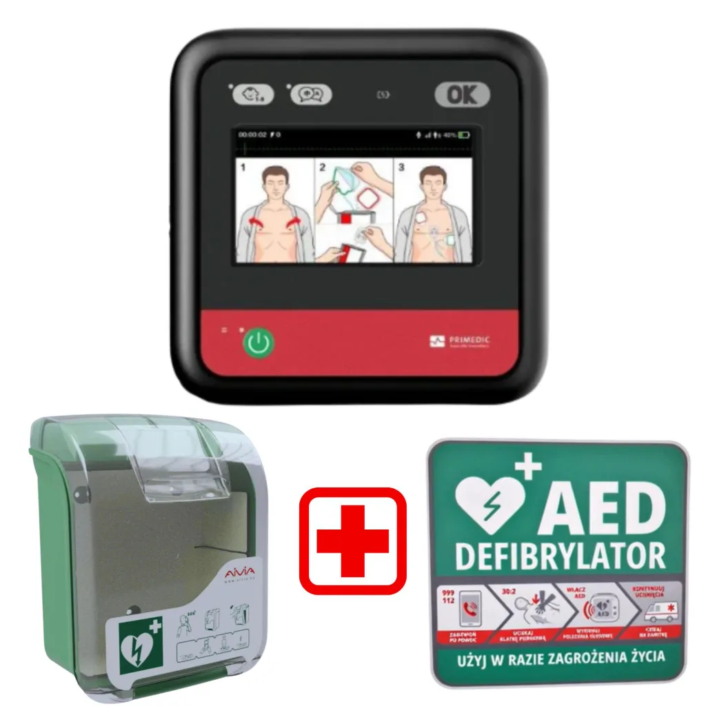 Zestaw AED Primedic myPAD Automatic LCD + Szafka AIVIA V3 + Tablica postępowania