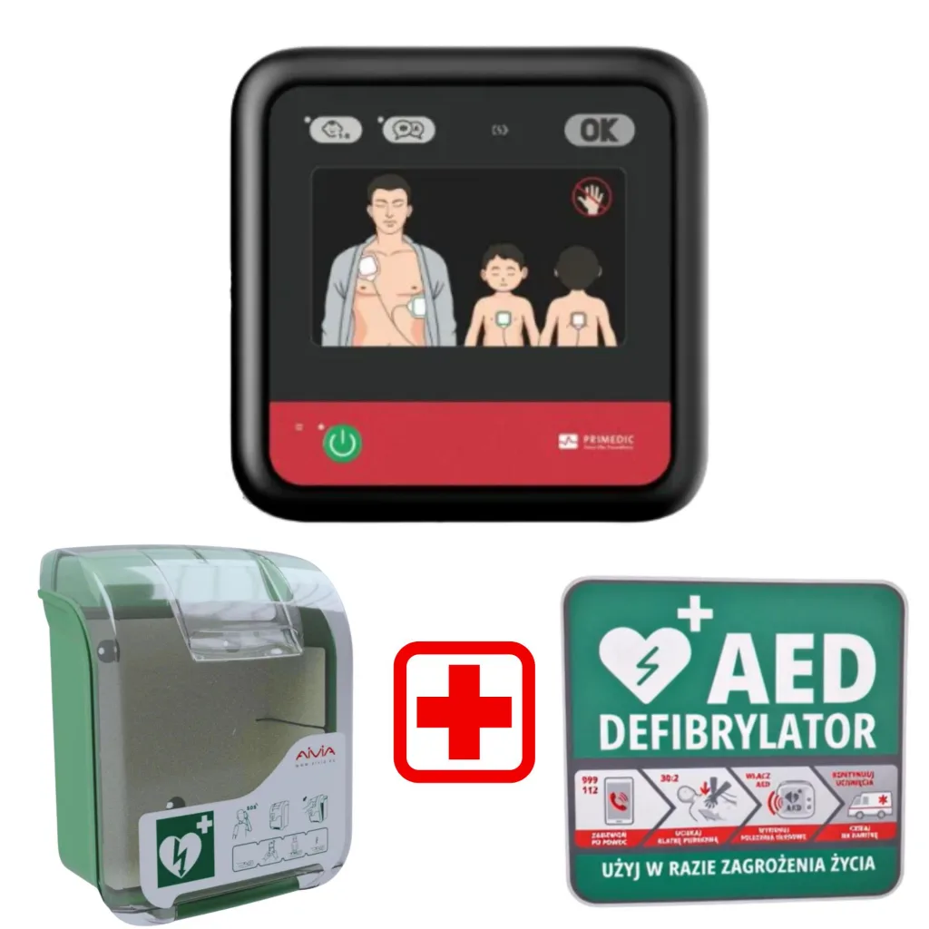 Zestaw AED Primedic myPAD Automatic LED + Szafka AIVIA V3 + Tablica postępowania