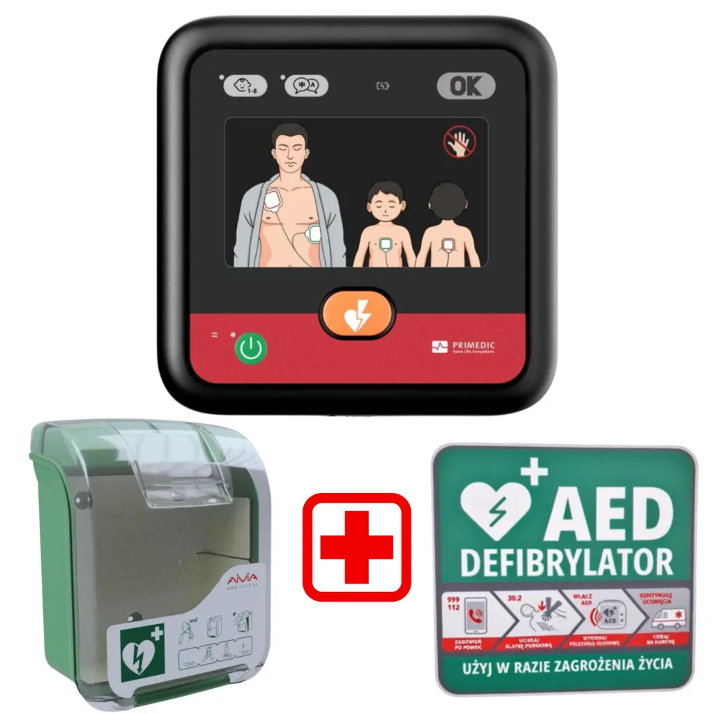 Zestaw AED Primedic myPAD LED + Szafka AIVIA V3 + Tablica postępowania