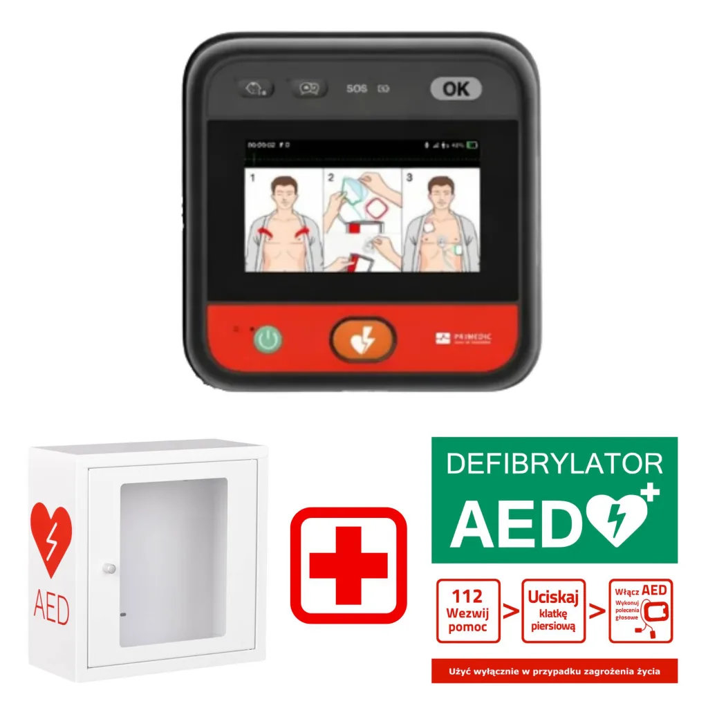 Zestaw AED Primedic myPAD LCD+ Szafka wewnętrzna + Tablica Postępowania